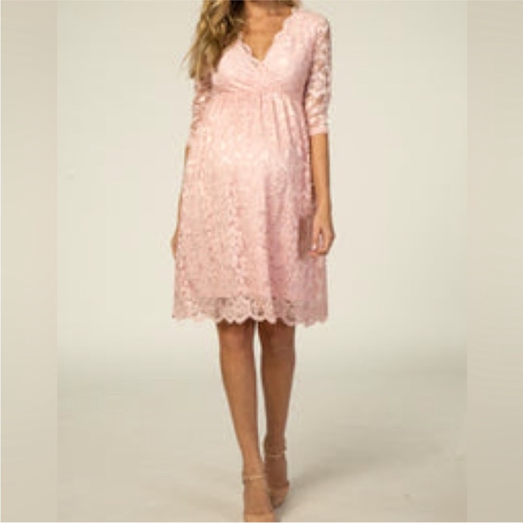 Wt Pinkblush Light Pink 3/4 Sleeve Floral Lace Maternity Nursing Dress